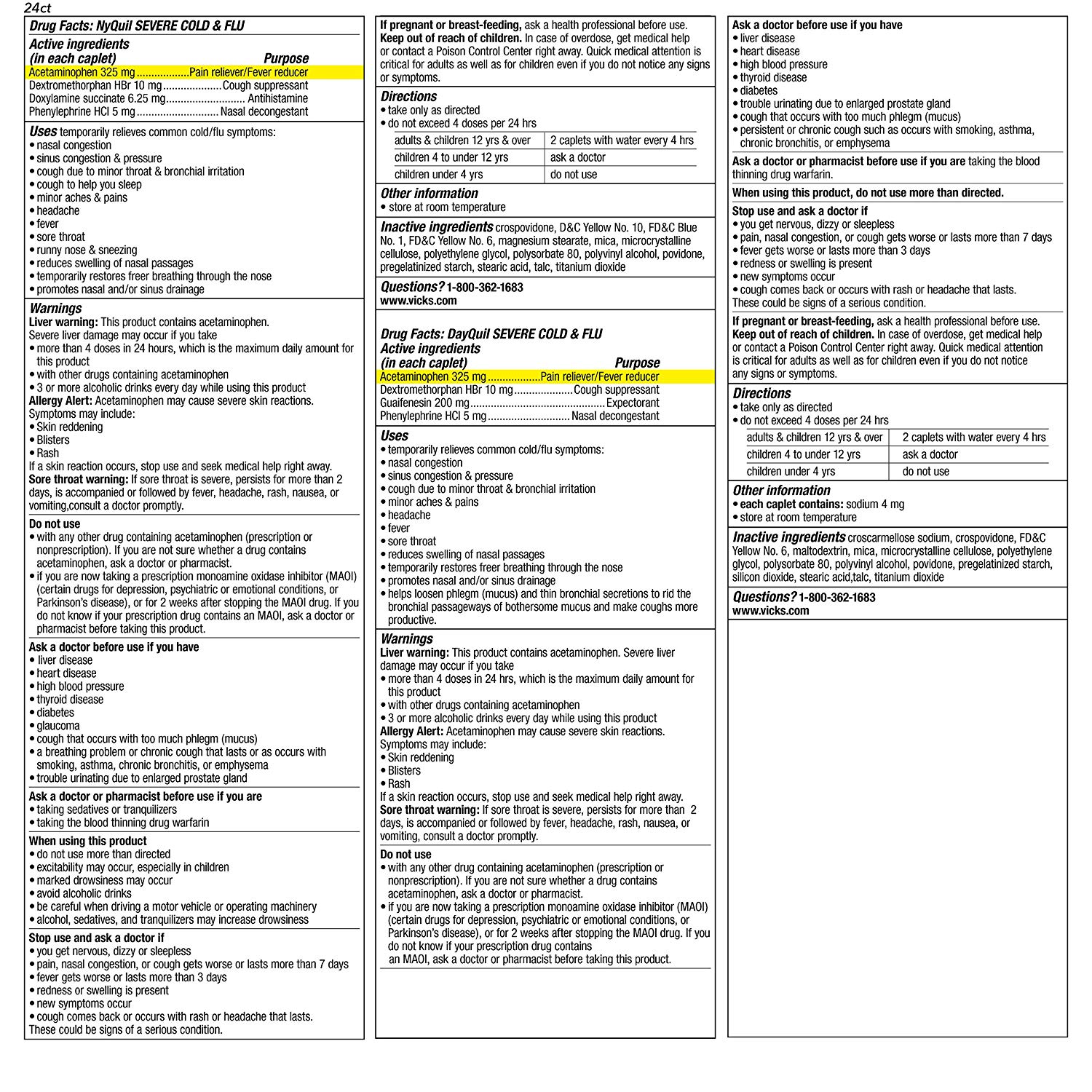 4 Pack Vicks Nyquil And Dayquil Severe Cough Cold & Flu Relief 24