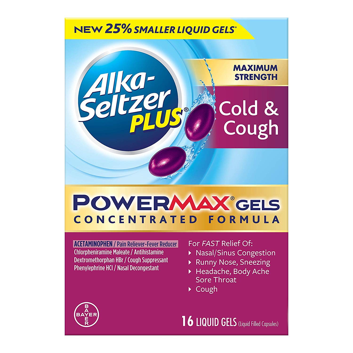 Alka-Seltzer Plus Max Strength Powermax Liquid Gels, Cold & Cough, 16 ...