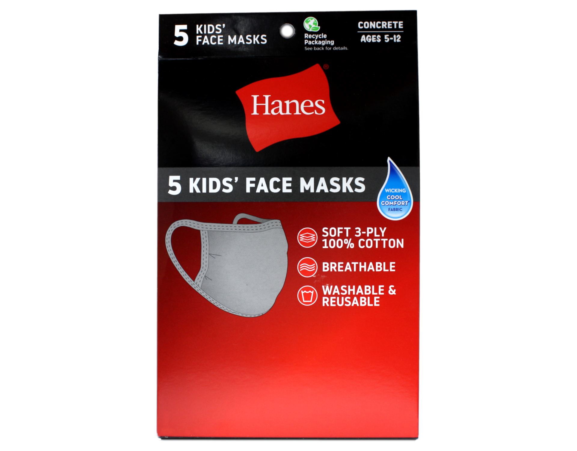 Hanes Kid's Washable Grey Face Masks 3-Ply Cotton Wicking Cool Comfort ...