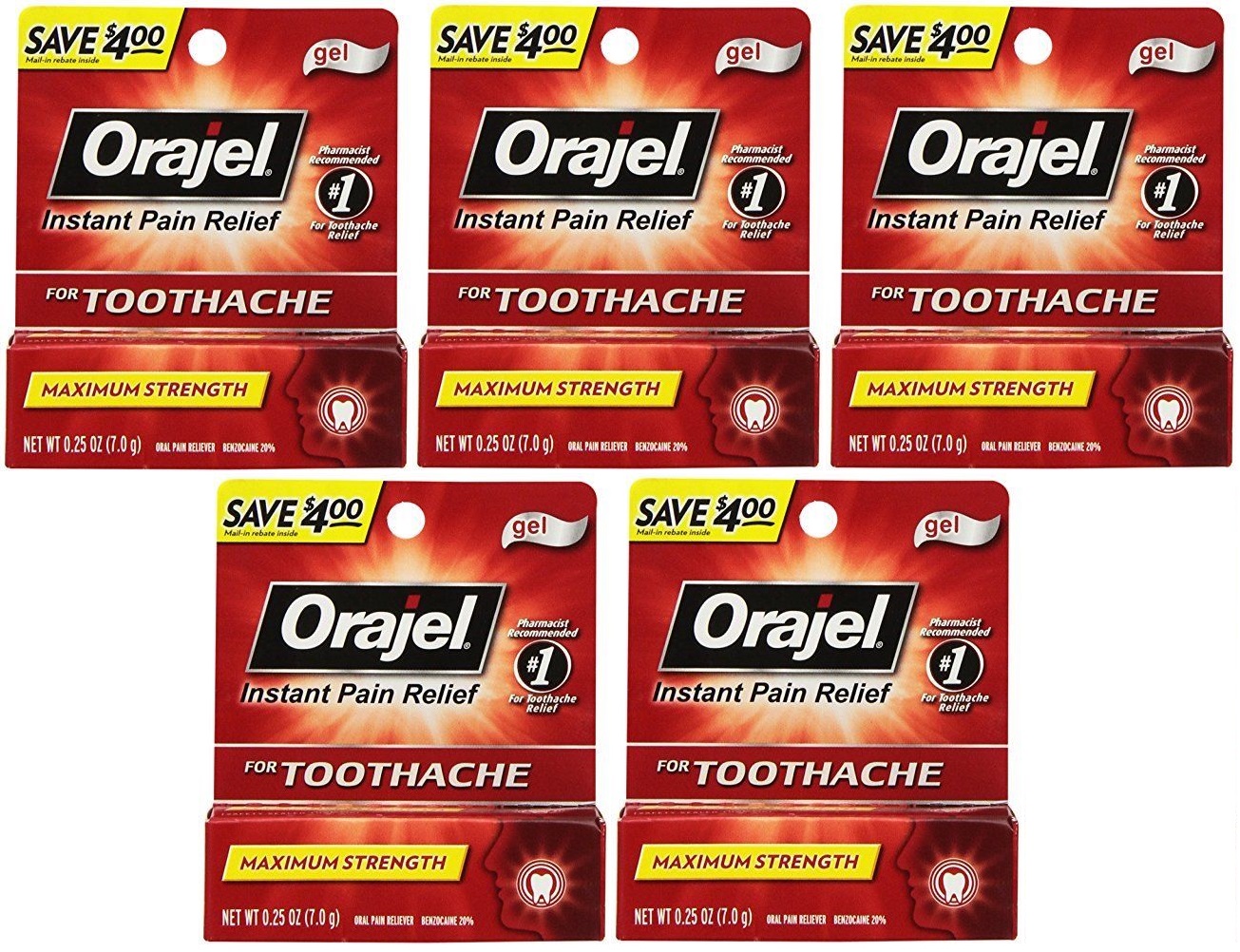 5 Pack Orajel Maximum Stregnth Gel Instant Toothache Pain Relief .33Oz