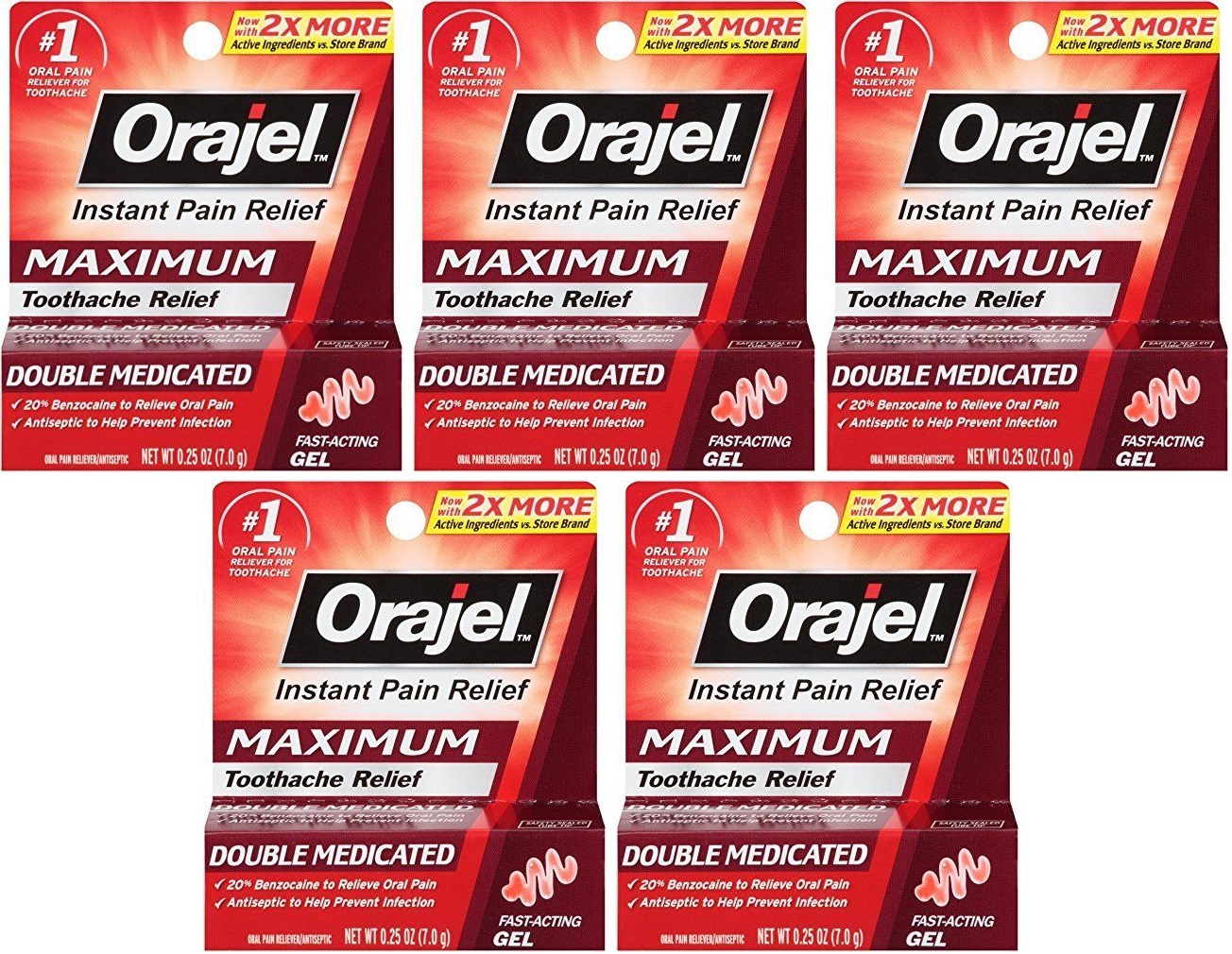 5 Pack Orajel Maximum Stregnth Gel Instant Toothache Pain Relief .25Oz