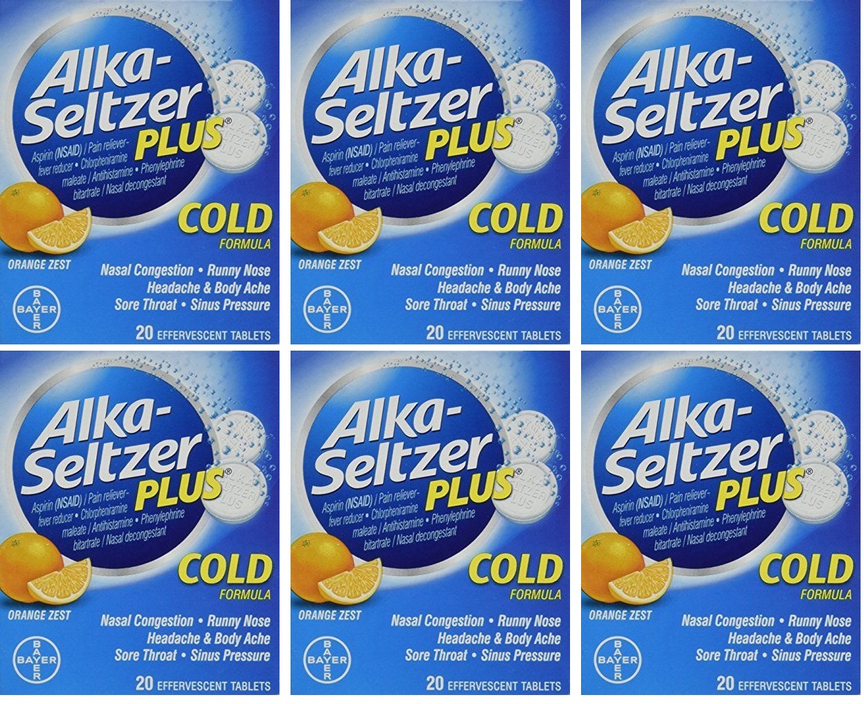 6 Pack Alka Seltzer Plus Cold Orange Zest Flavor Effervescent Tablets ...