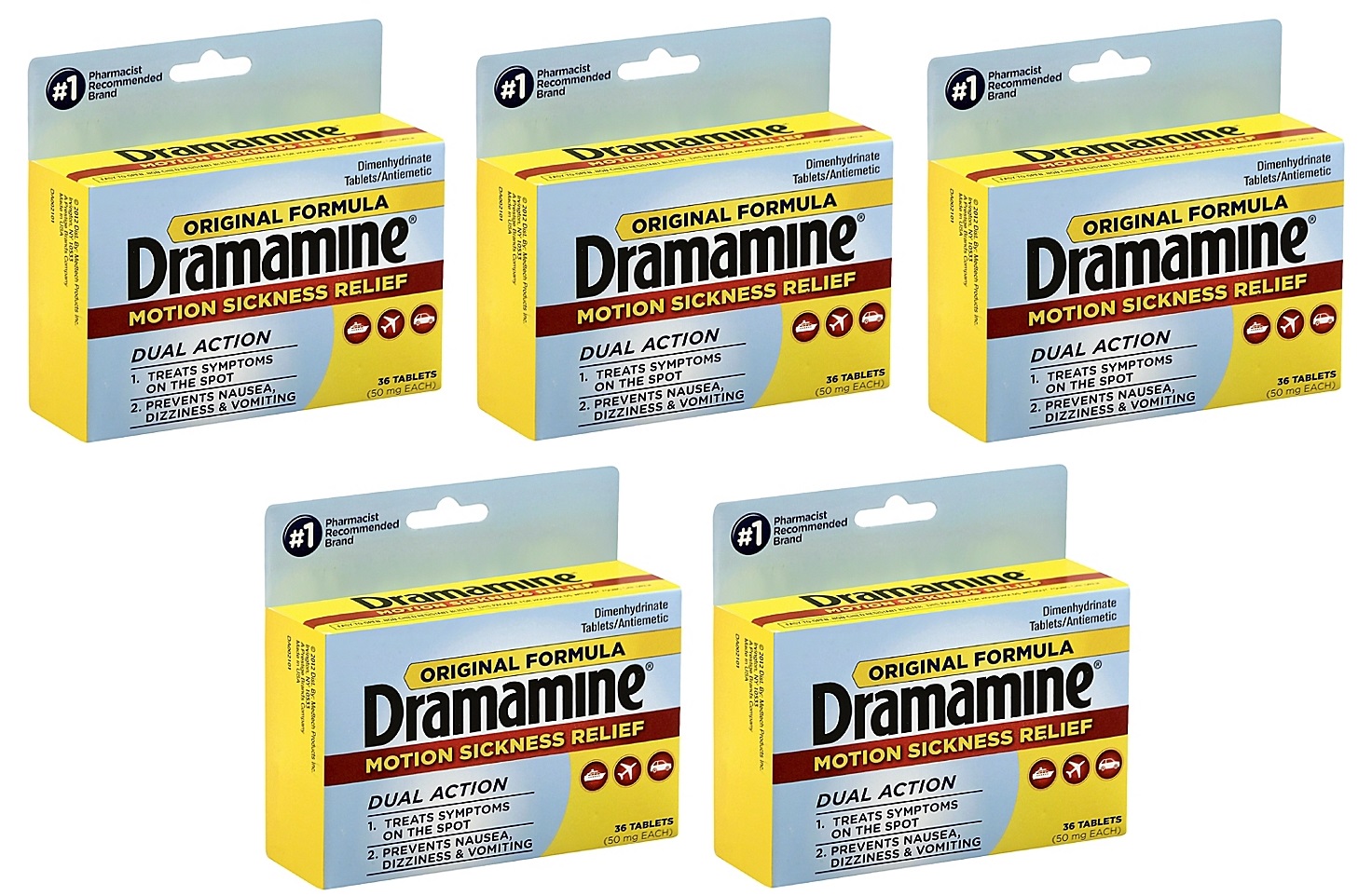 5 Pack Dramamine Motion Sickness Relief Original Formula 36 Tablets 50 ...