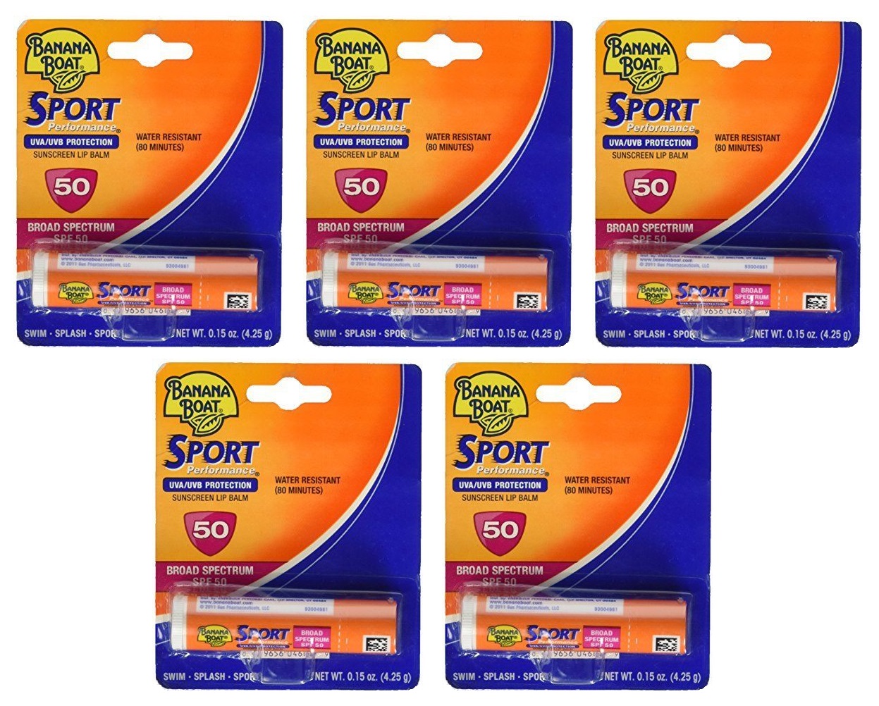 5 Pack Banana Boat Sport Performance Sunscreen Lip Balm Spf 50 .15Oz