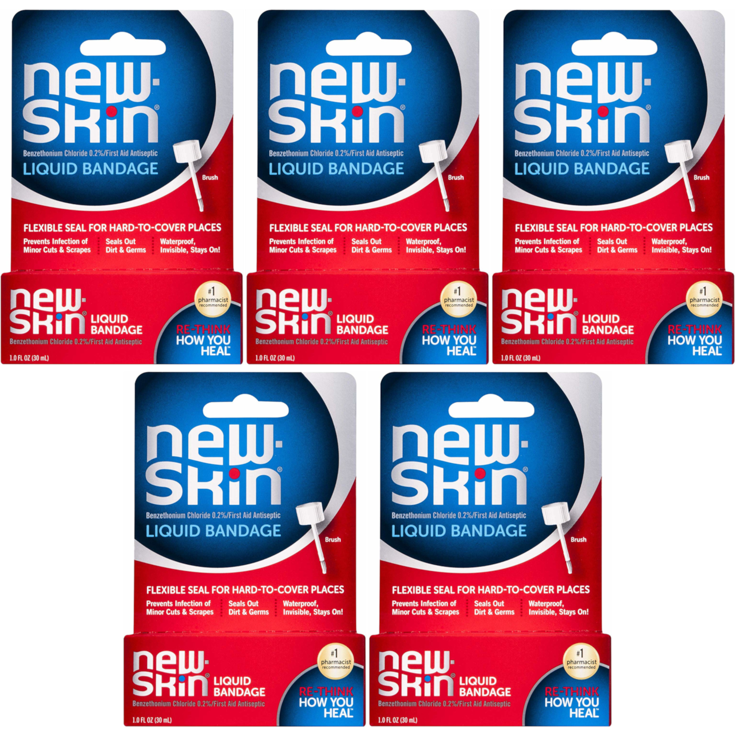 5 Pack New Skin First Aid Antiseptic Liquid Bandage 1 Fl Oz 30 Ml Each