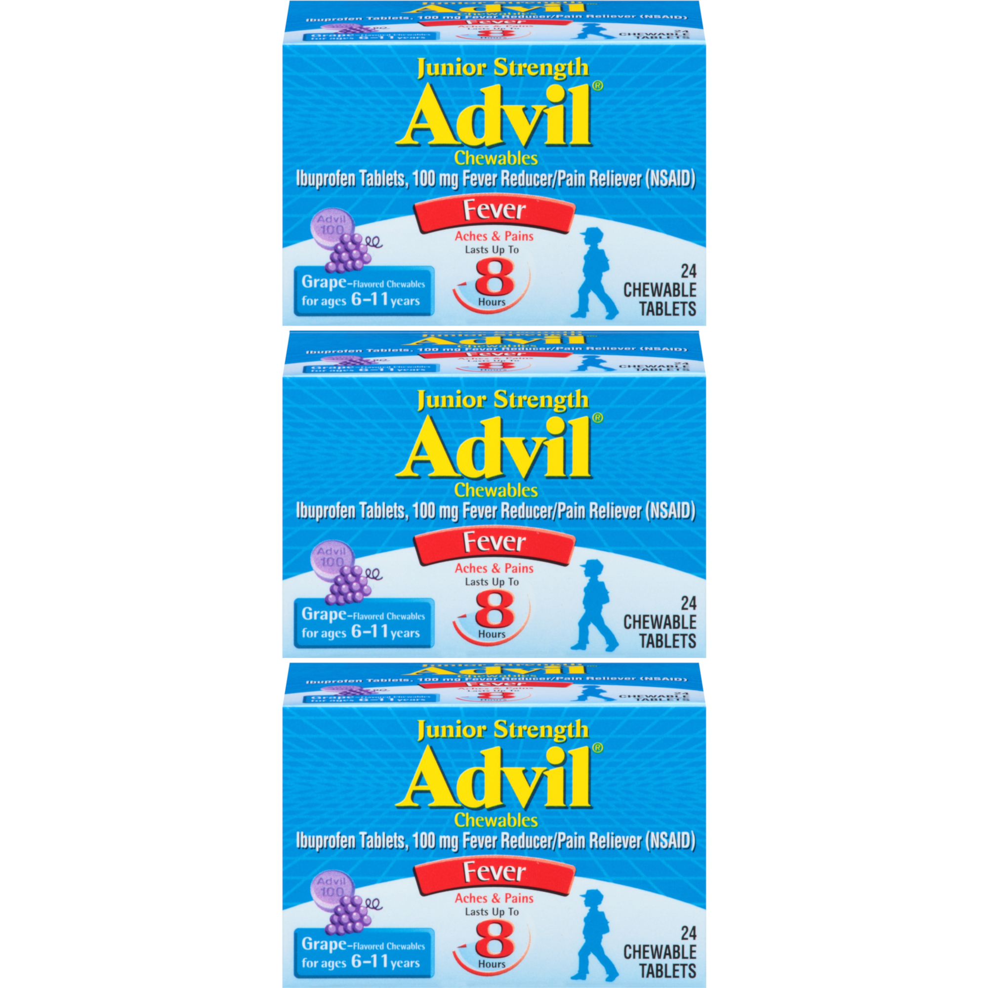 3 Pack Advil Junior Strength Chewable Tablets Grape 24 Count Each