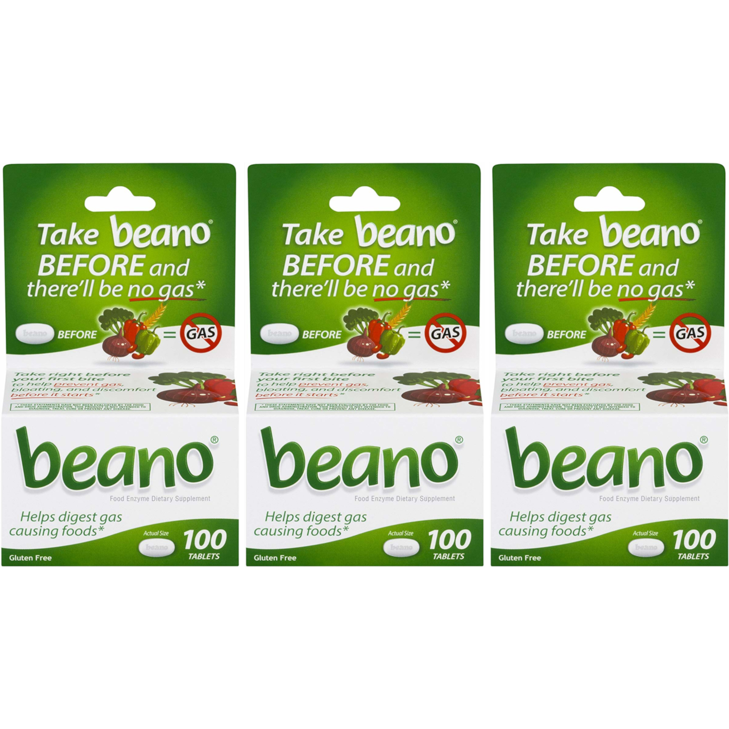 3 Pack Beano Food Enzyme Dietary Supplement Tablets 100 Each