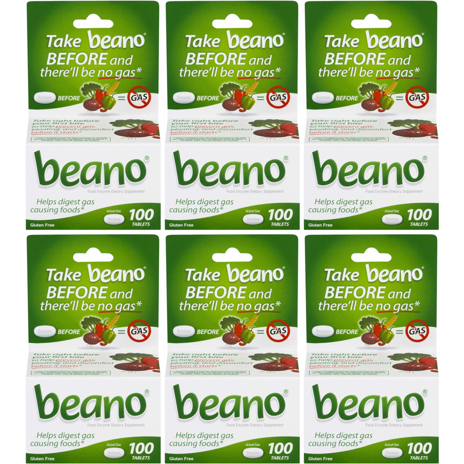 6 Pack Beano Food Enzyme Dietary Supplement Tablets 100 Each