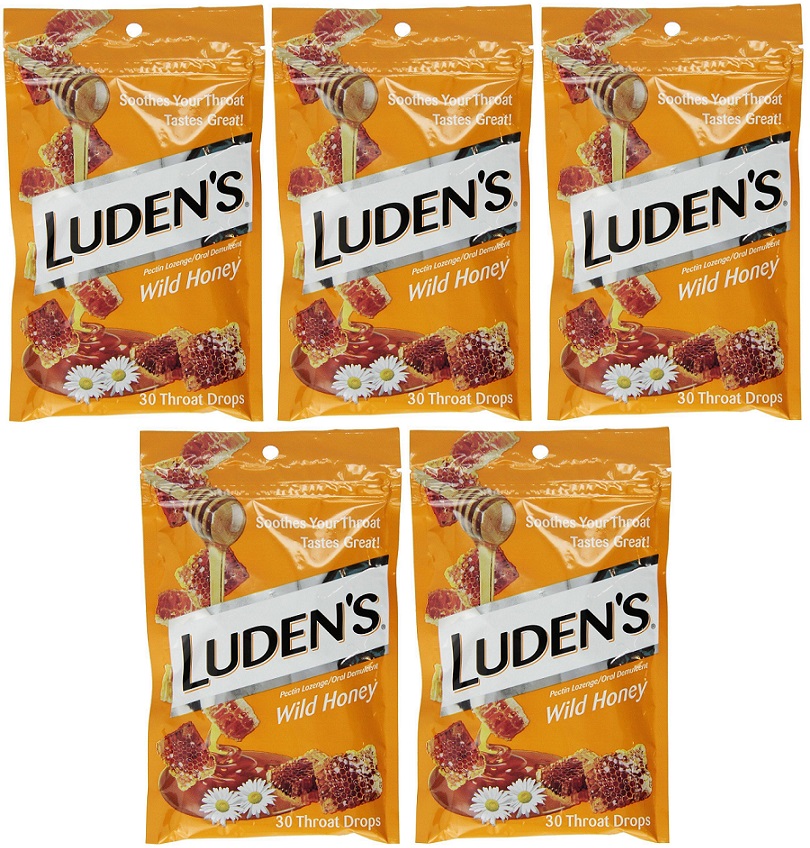 5 Pack Luden's Throat Drops Wild Honey Pectin Lozenges 30 Count each