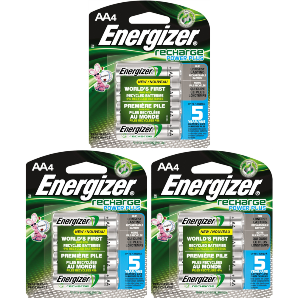 3 Pack Energizer Recharge AA Rechargeable Batteries 2300Mah 4 Batteries