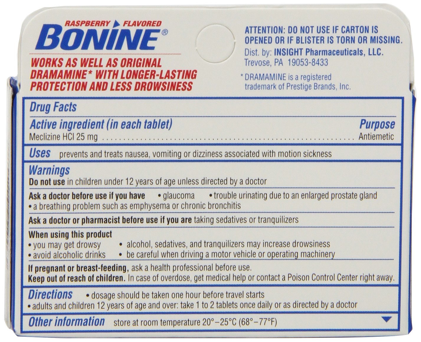 Bonine Motion Sickness Protection Chewable Tablets 16 tablets nausea