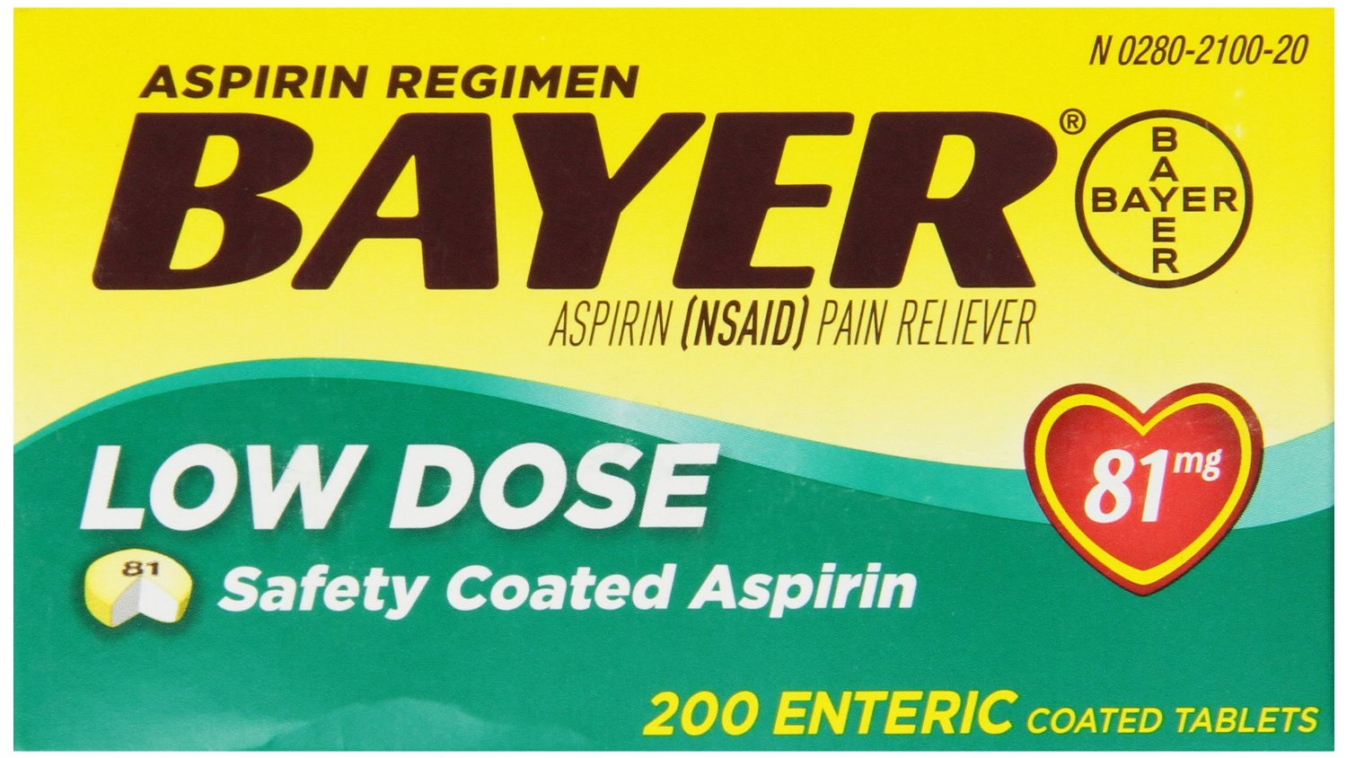 BAYER Low Dose "Baby" Aspirin Pain Reliever, 81mg Enteric Coated, 200