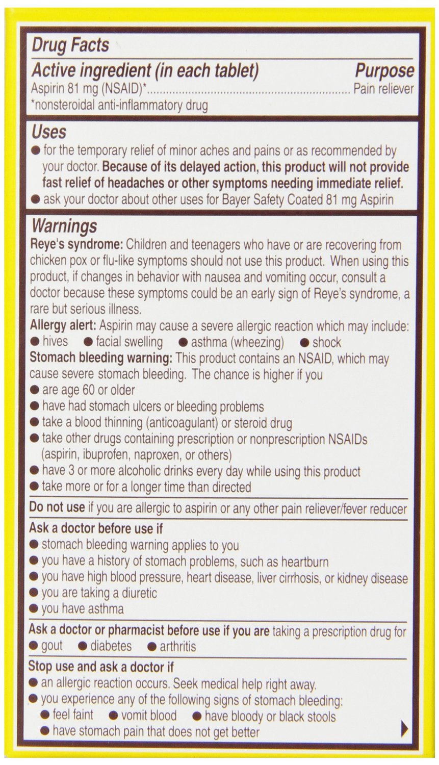 BAYER Low Dose "Baby" Aspirin Pain Reliever, 81mg Enteric Coated, 200
