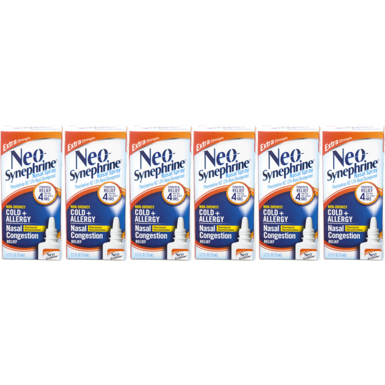 6 Pack NeoSynephrine Nasal Spray, Extra Strength Formula, 0.50 Ounces
