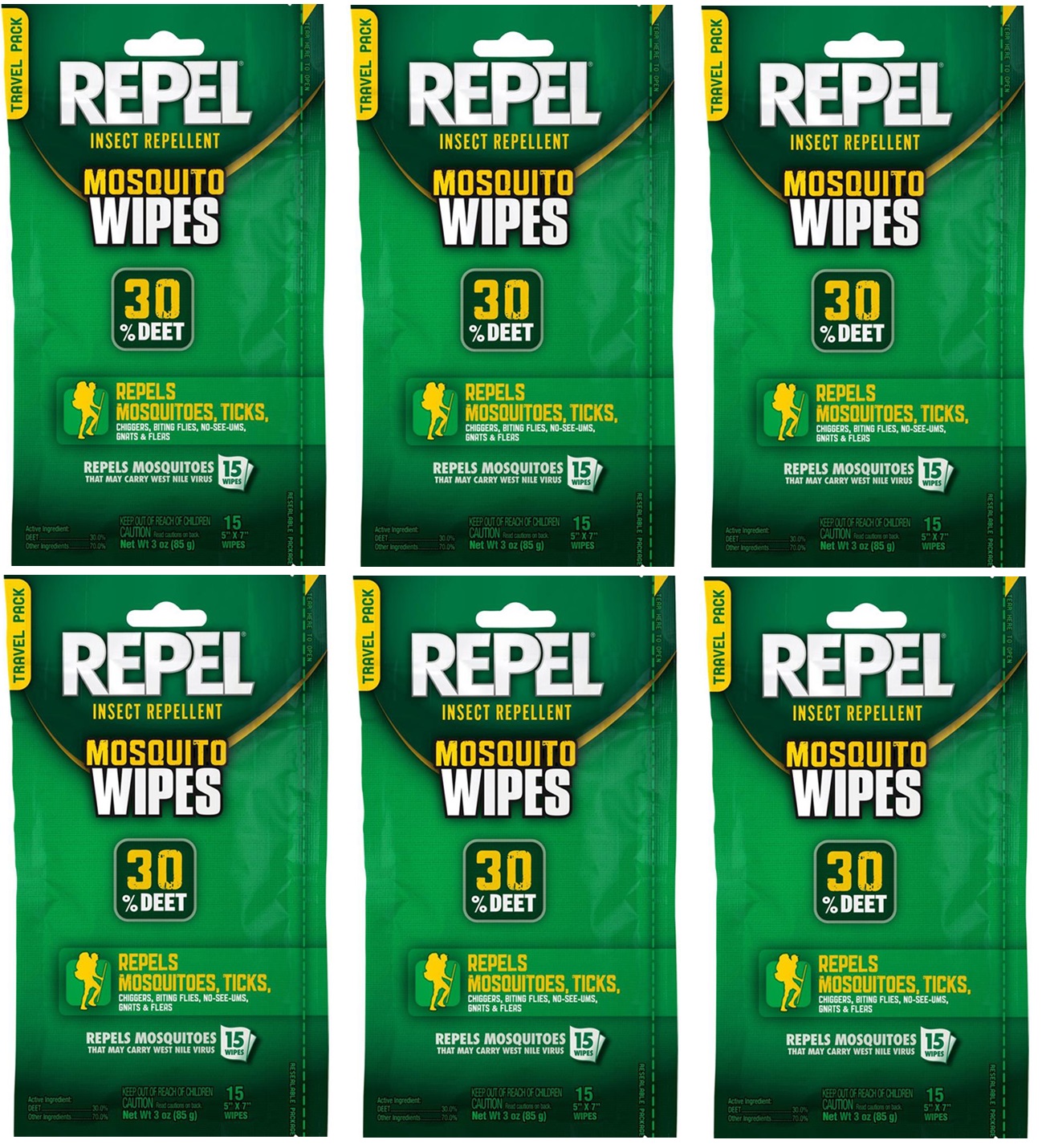 6 Pack Repel Insect Repellent Mosquito Wipe Tick Flies Bugs 30 Deet 15