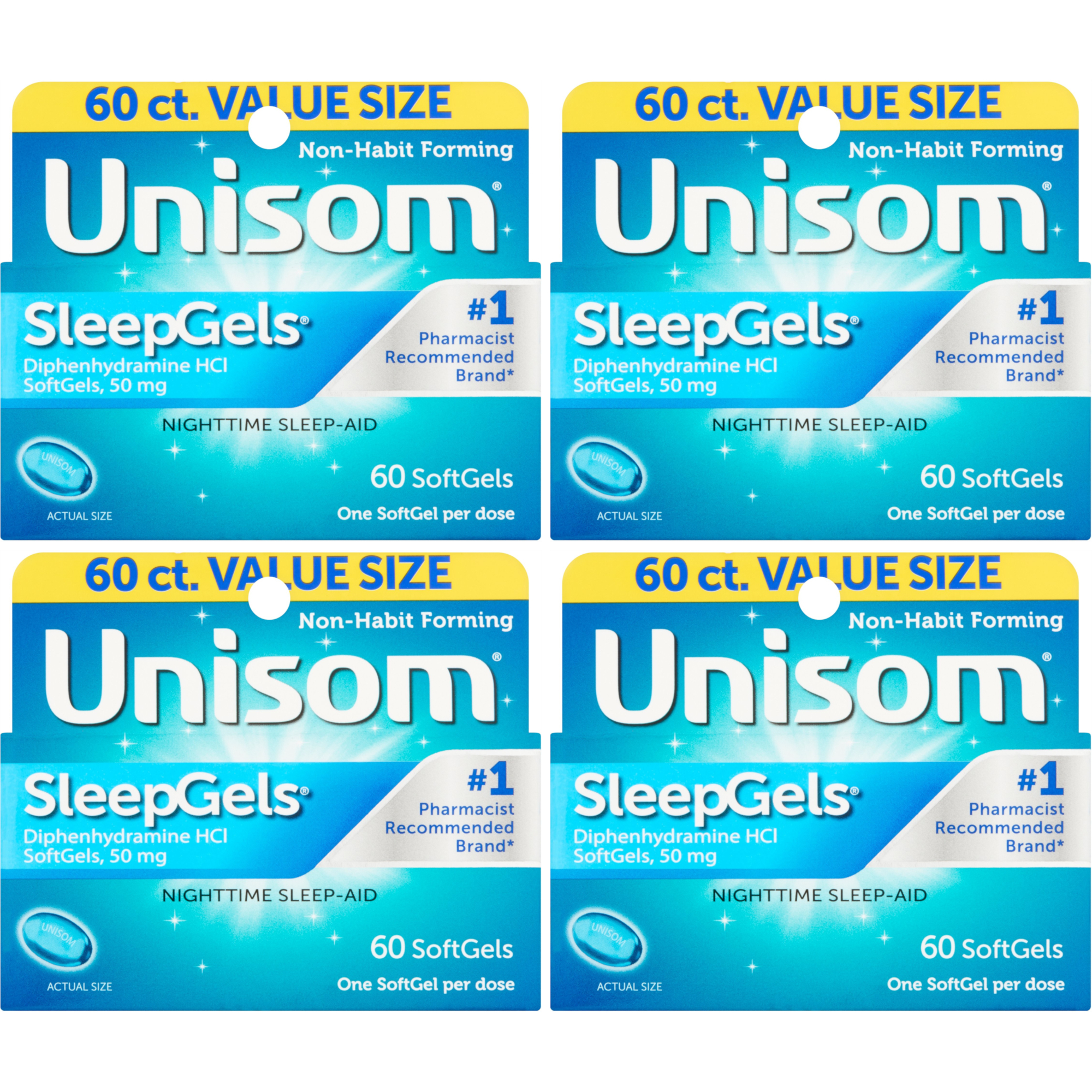4 Pack Unisom SleepGels Nighttime SleepAid 60 SoftGels Each