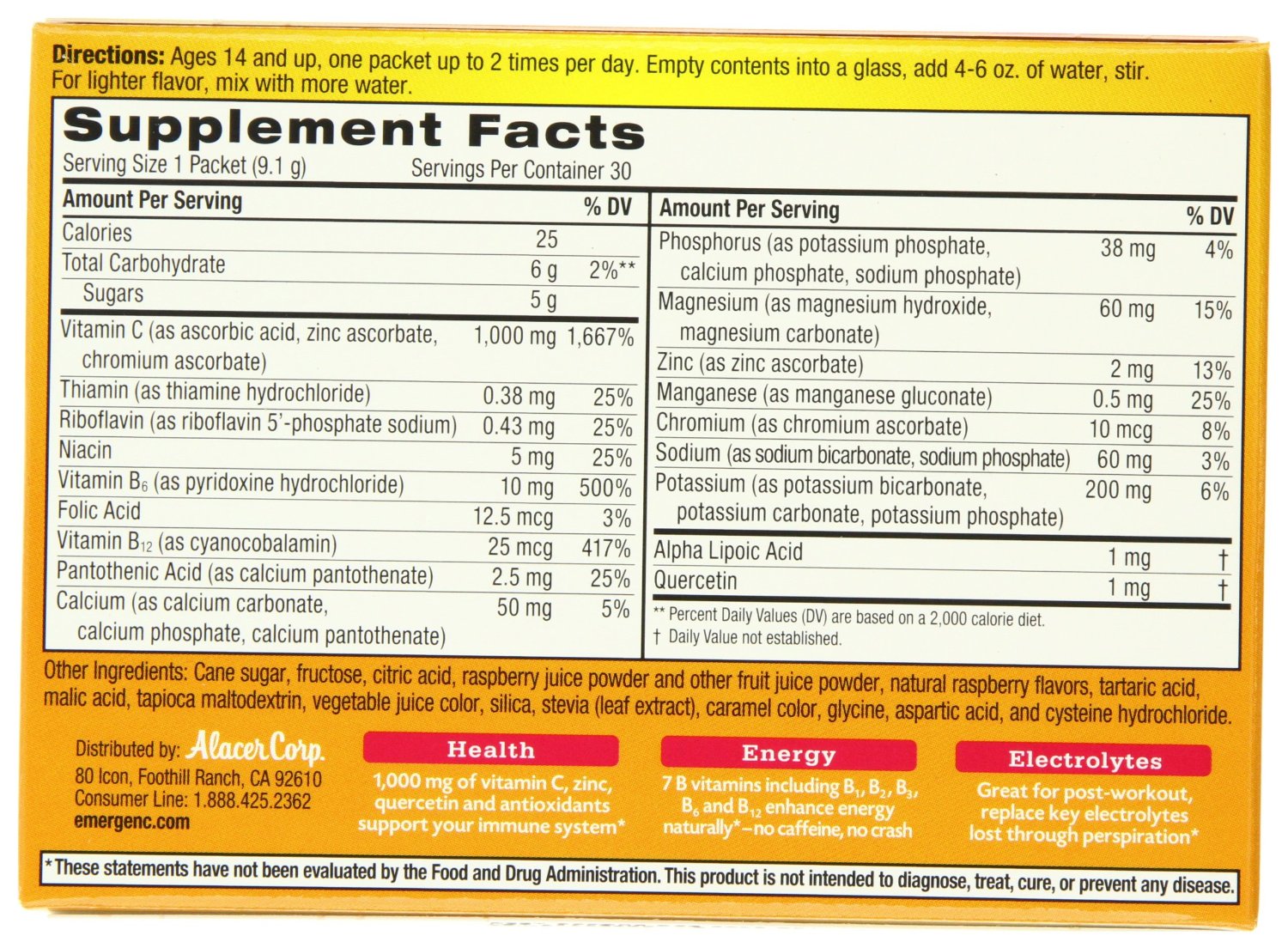 Emergen C 1000 Mg Vitamin C Flavored Fizzy Drink Mix 30 Pack Raspberry