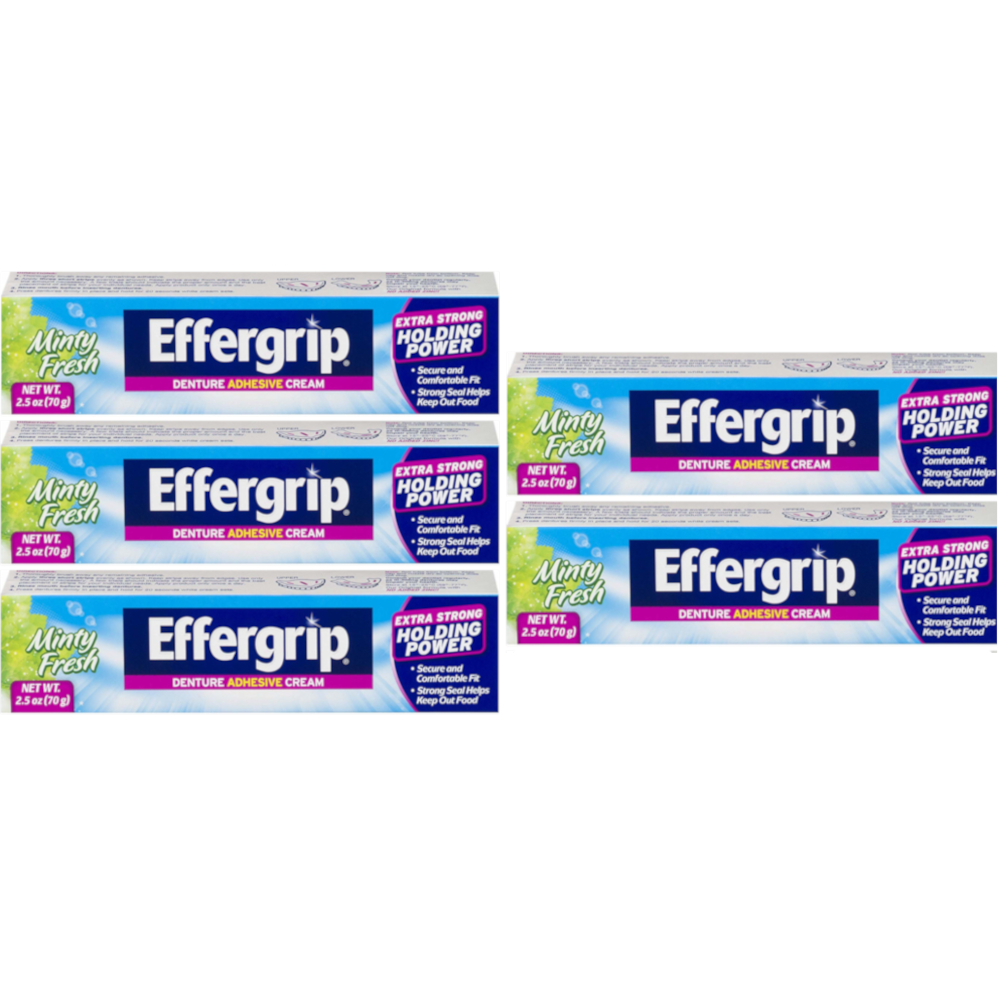 5 Pack Effergrip Extra Strong Denture Adhesive Cream Zinc Free 2.5Oz ...