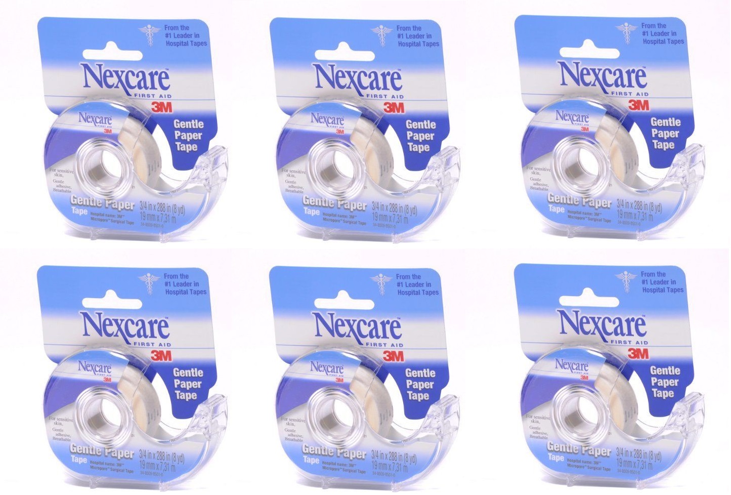 6 Pack Nexcare Gentle Paper First Aid Tape With Dispenser, 3/4 in x 8