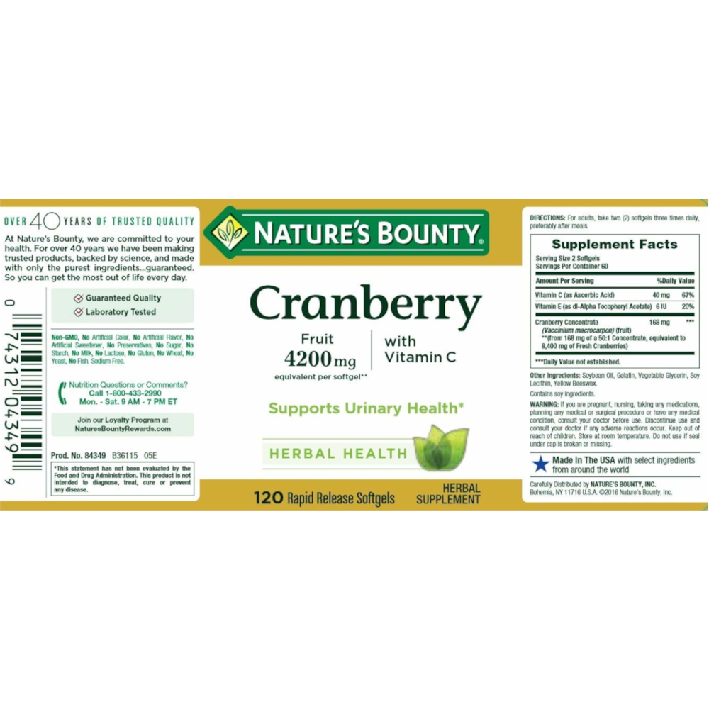 Nature's Bounty Cranberry Fruit 4200 mg, Plus Vitamin C Softgels, 120